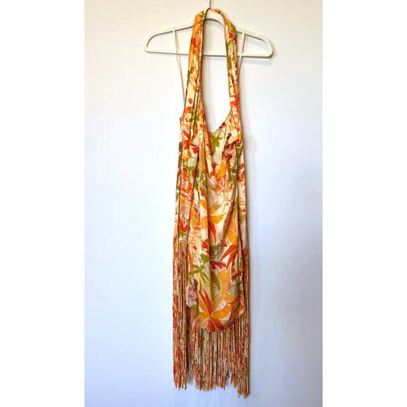 NWT Farm Rio Leopard Forest Sand Halter Neck Fringed Mini Dress Orange Print - Picture 5 of 12